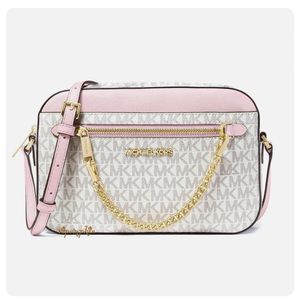 Michael Kors Jet Set Large Vanilla Powder Blush Zip Chain Crossbody Bag